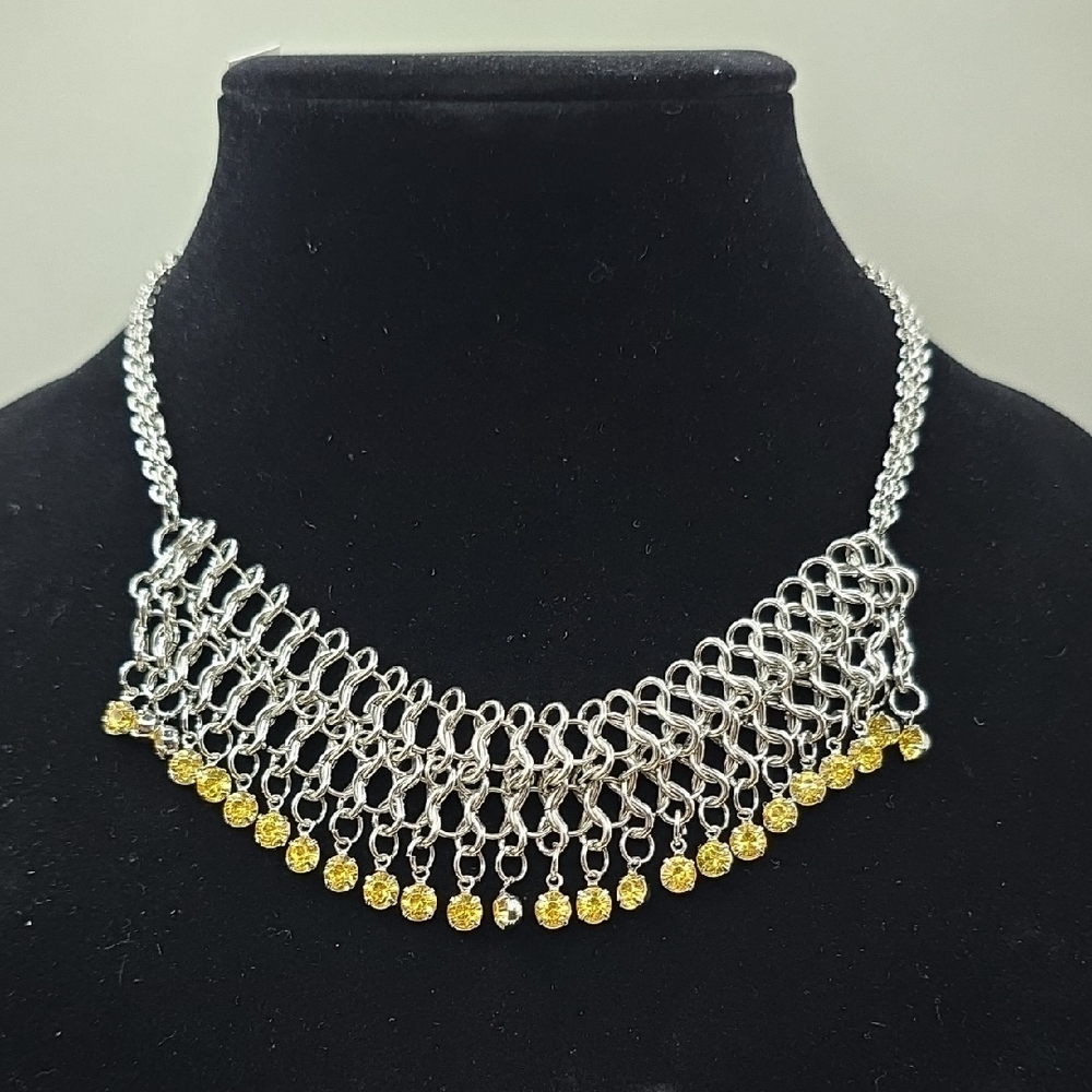 Guess Round Circle Cable Necklace Silver Chain Yellow Rhinestones Y2K Jewelery